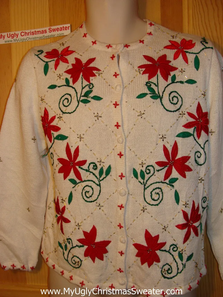 Tacky Ugly Christmas Sweater with Festive Red Poinsettias and Bead Bling (f148)