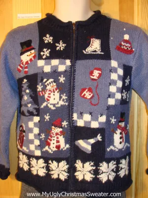 Tacky Ugly Christmas Sweater with Snowflakes, Snowman, Mittens, and Skates (f759)