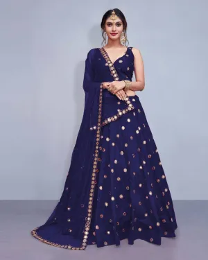 Tafeta Silk Royal Blue Lehenga Choli Dupatta Set with Real Mirror Work