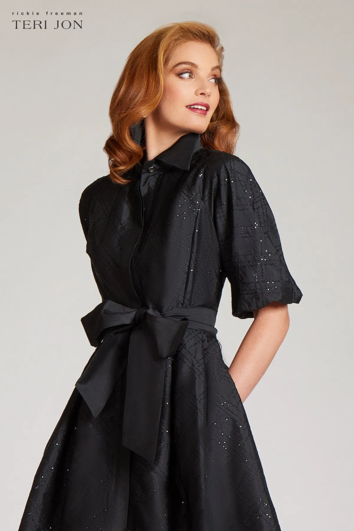 Taffeta Sequin Embellished Puff Sleeve Dress