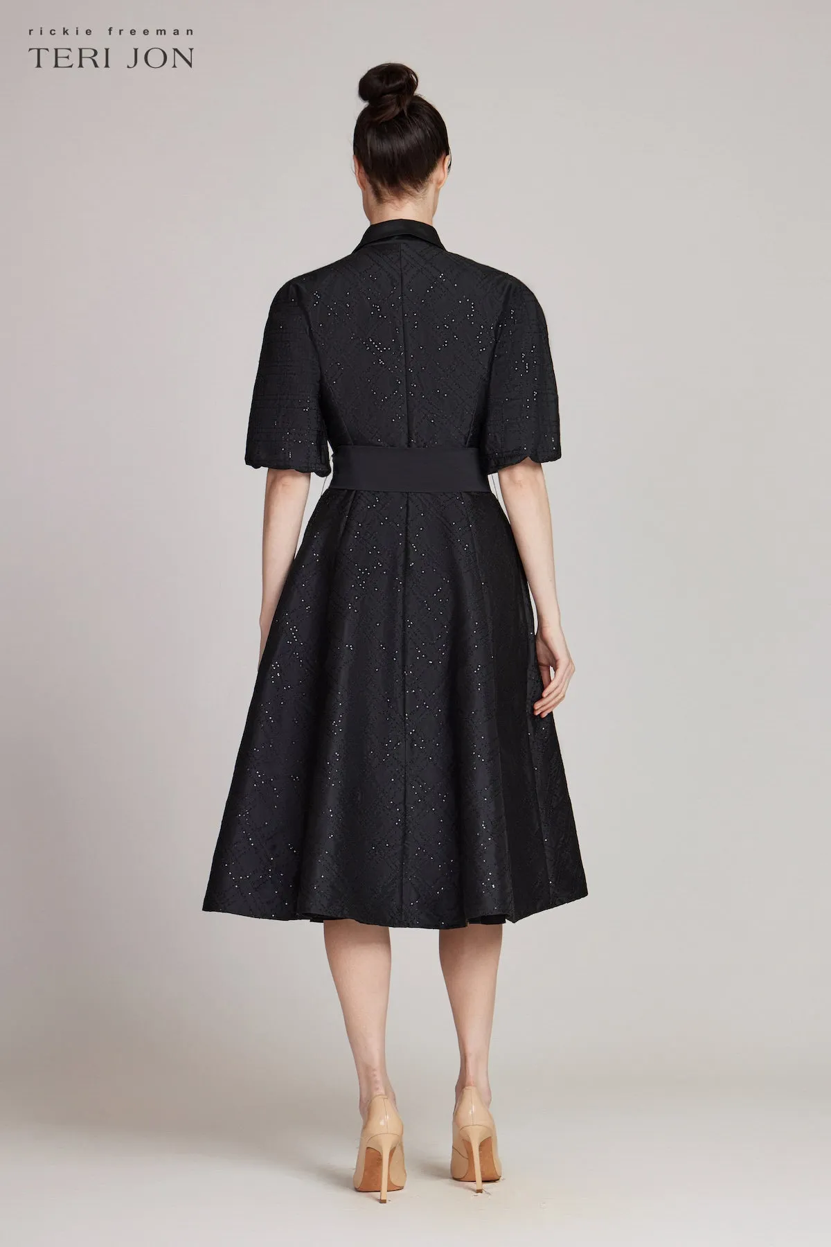 Taffeta Sequin Embellished Puff Sleeve Dress