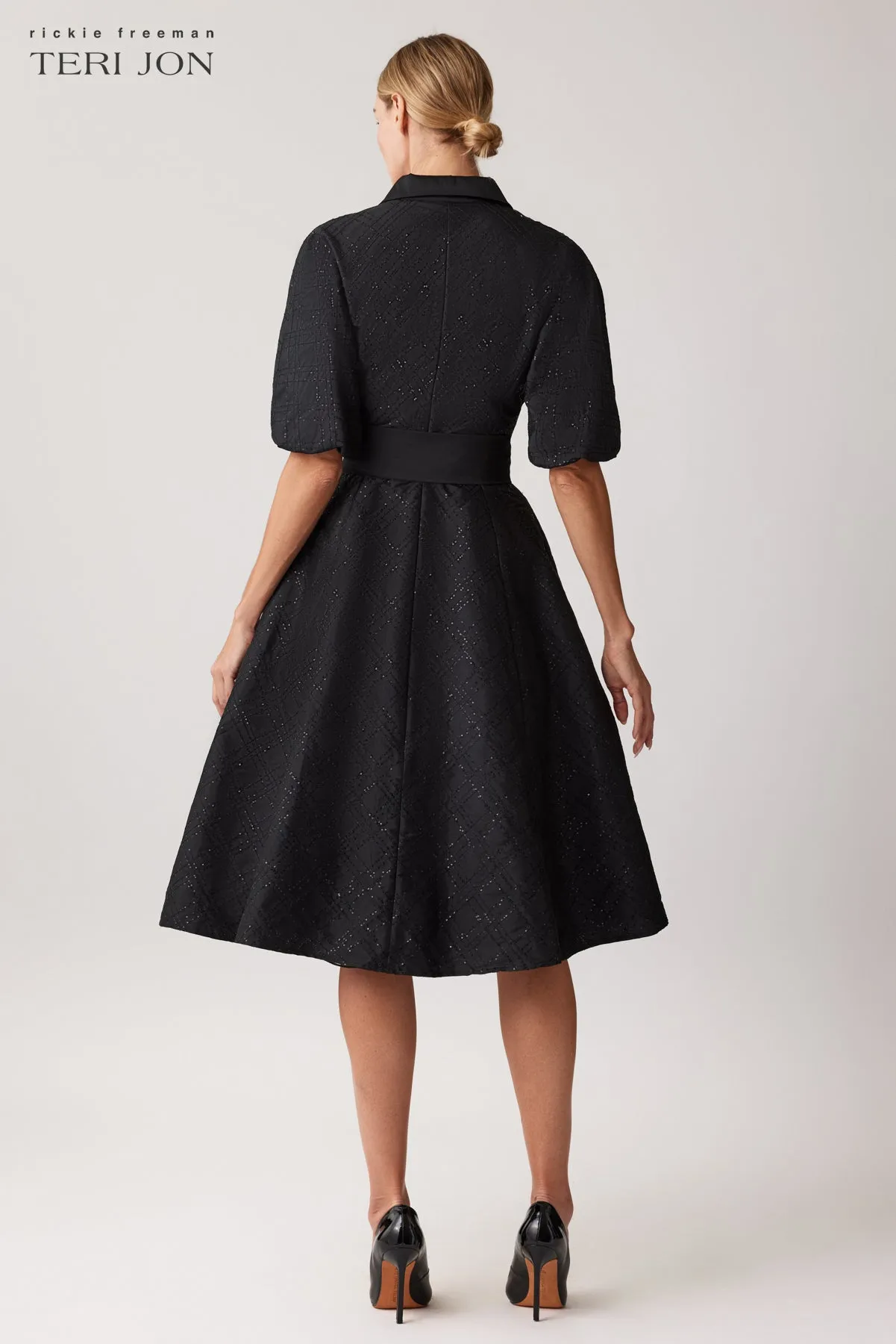 Taffeta Sequin Embellished Puff Sleeve Dress