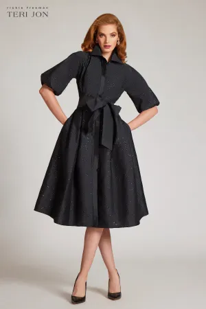 Taffeta Sequin Embellished Puff Sleeve Dress