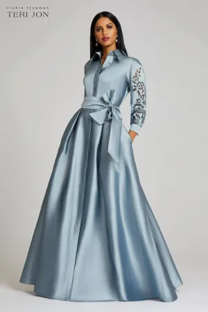 Taffeta Shirtdress Gown With Eyelet Sleeve and Collar