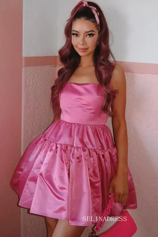 Taffeta Square Neck Hot Pink Homecoming Dresses #EWR572