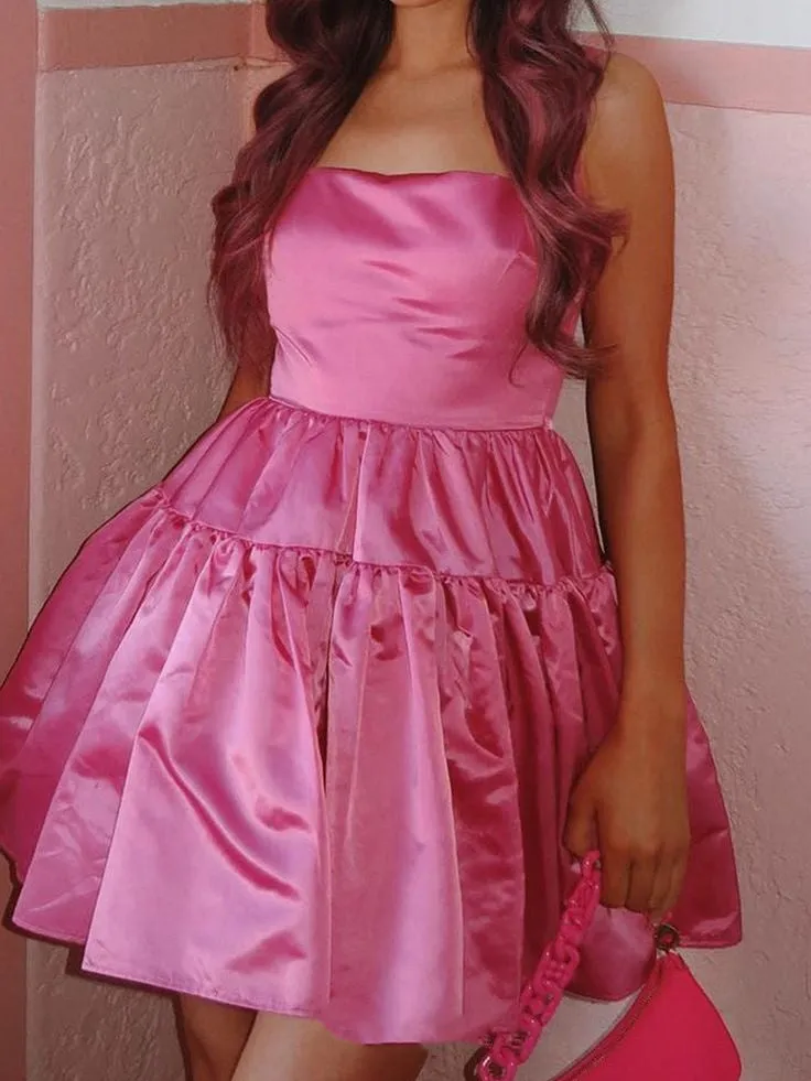 Taffeta Square Neck Hot Pink Homecoming Dresses #EWR572