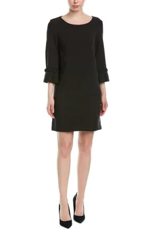 Tahari ASL Boat Neck Long Sleeve Pleated Solid Zipper Back Crepe Dress