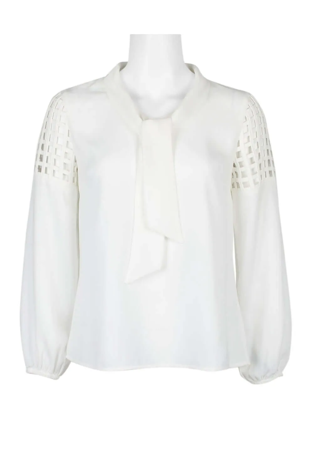 Tahari ASL Tie Neck Long Sleeve Lasercut Shoulder Keyhole Back Crepe Top (Petite)