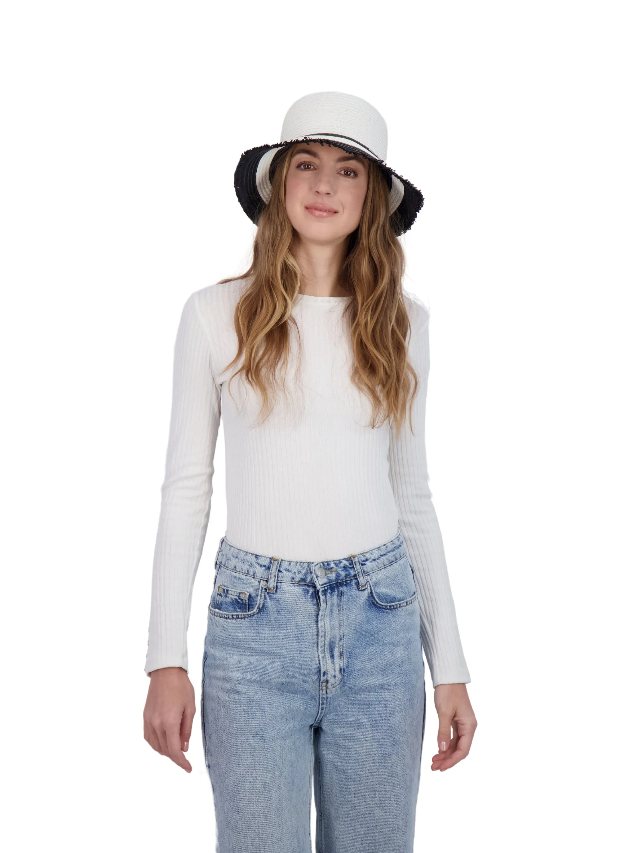 Tahari Women's Color Block Straw Bucket Hat with Fringe