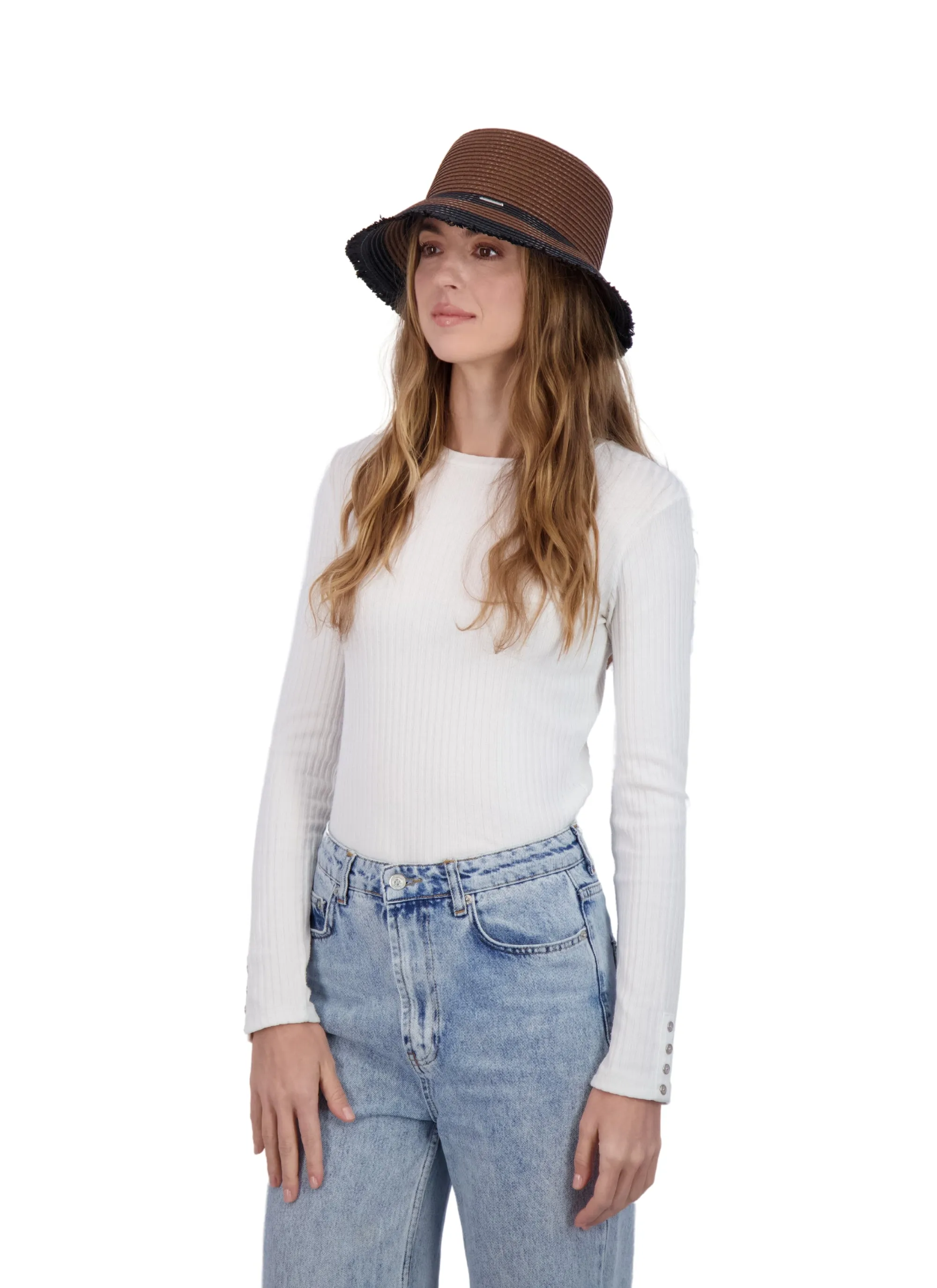 Tahari Women's Color Block Straw Bucket Hat with Fringe