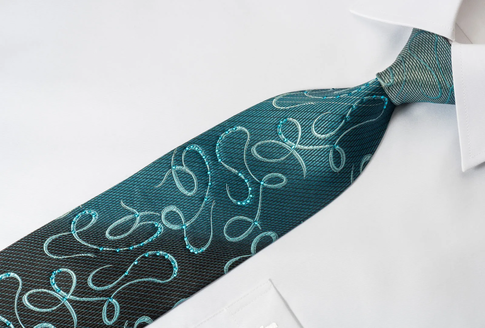 Taiyo Gold Silk Rhinestone Necktie Scrolls On Blue