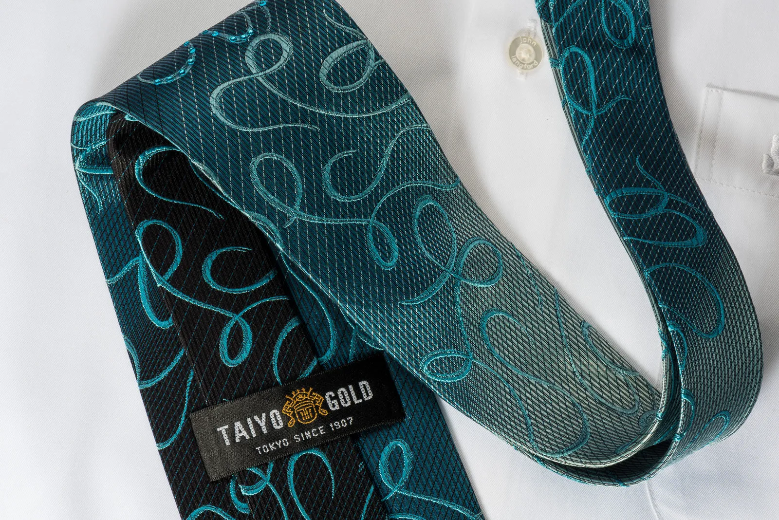 Taiyo Gold Silk Rhinestone Necktie Scrolls On Blue