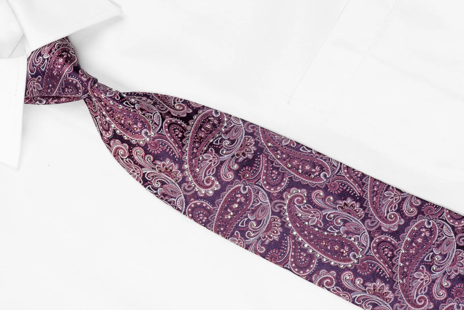 Taiyo Men's Crystal Silk Necktie Paisley On Purple Sparkling With Rhinestones