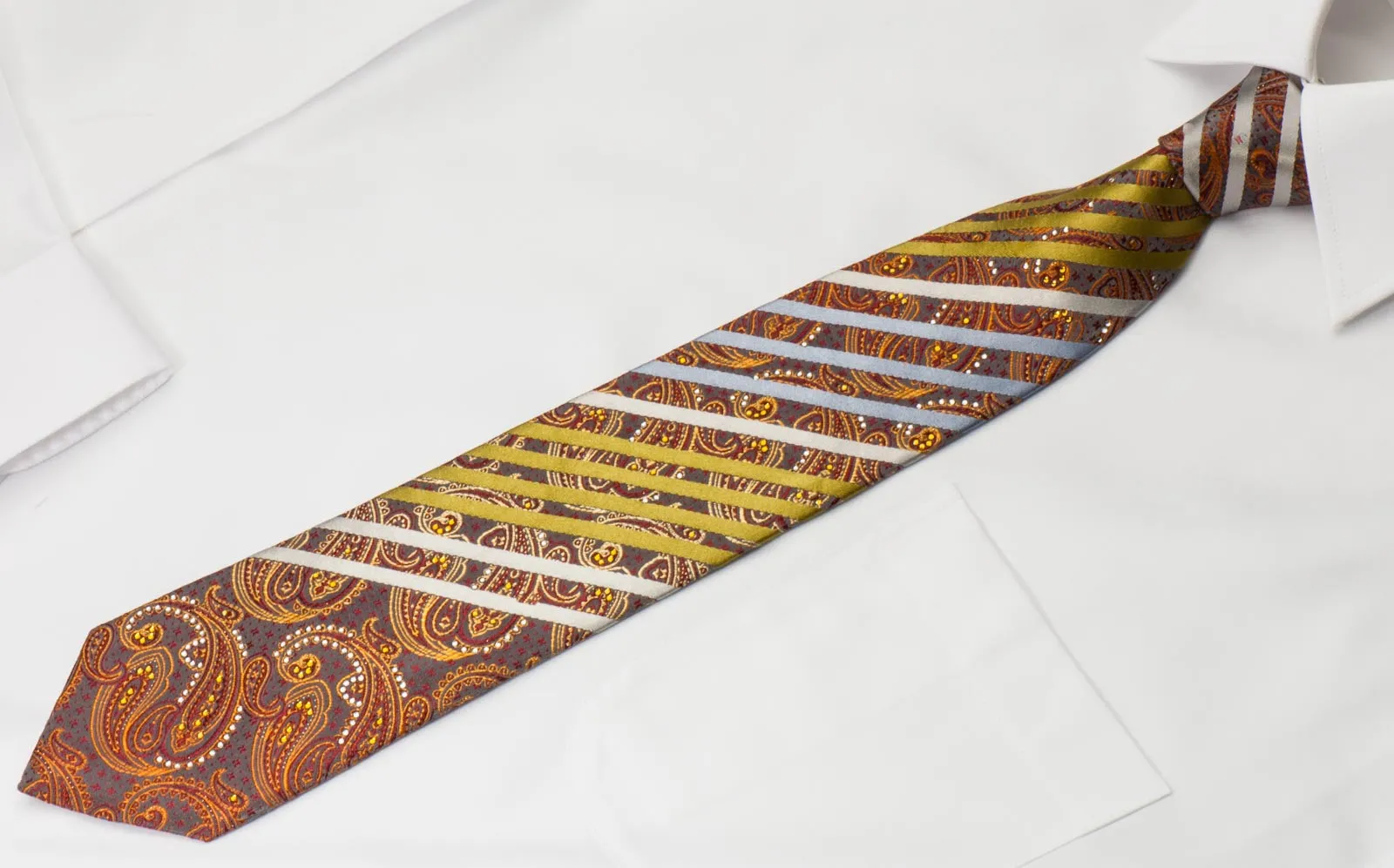 Taiyo Silk Necktie Stripes & Paisley On Gray With Rhinestones & Silver Sparkles