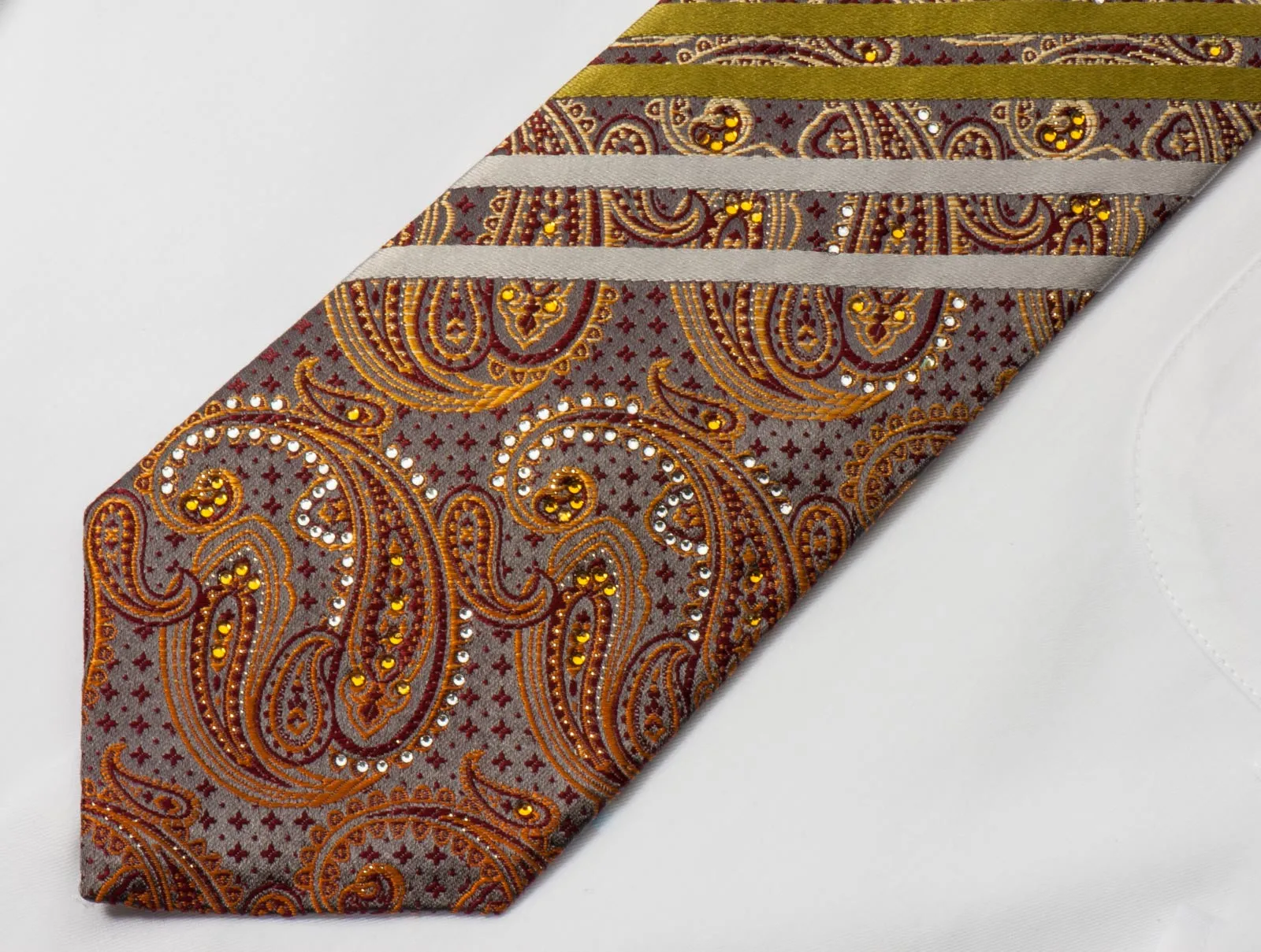 Taiyo Silk Necktie Stripes & Paisley On Gray With Rhinestones & Silver Sparkles