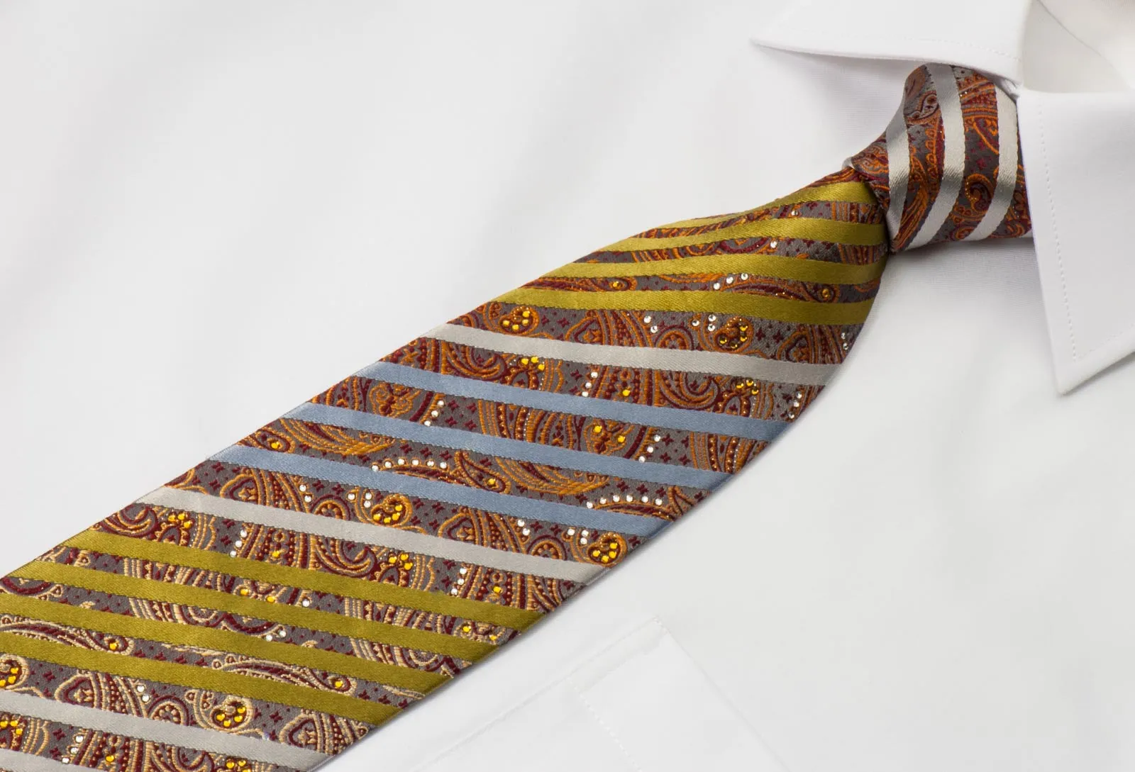 Taiyo Silk Necktie Stripes & Paisley On Gray With Rhinestones & Silver Sparkles