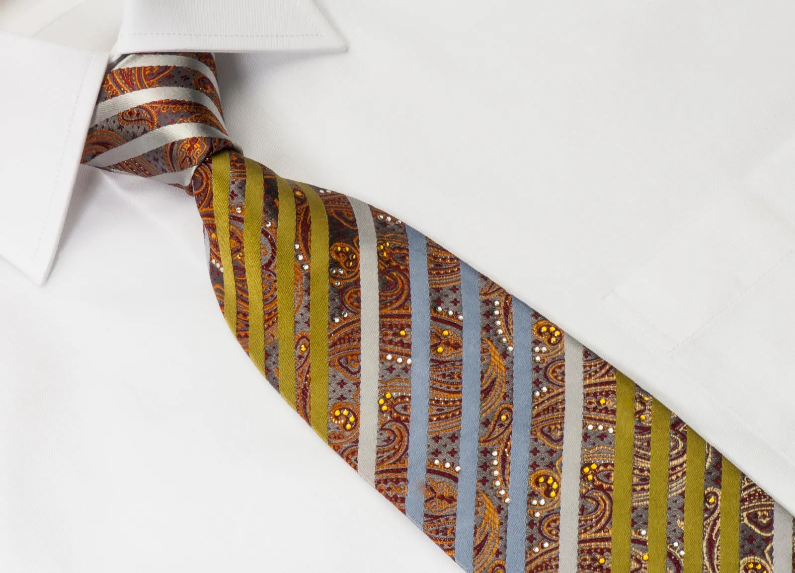 Taiyo Silk Necktie Stripes & Paisley On Gray With Rhinestones & Silver Sparkles