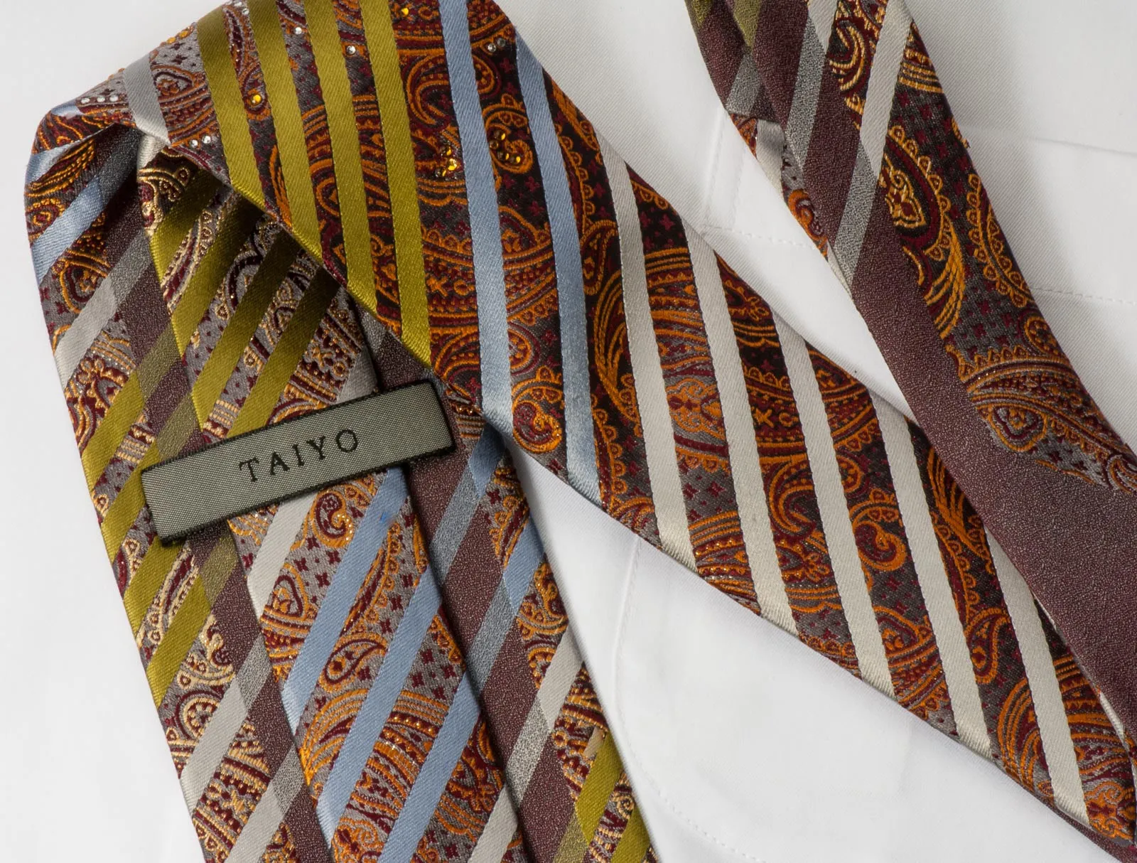 Taiyo Silk Necktie Stripes & Paisley On Gray With Rhinestones & Silver Sparkles