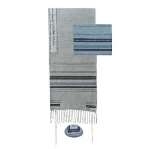 Tallit - Hand Woven   Atara with Blessing - 52 cm - Blue, Light Blue Background