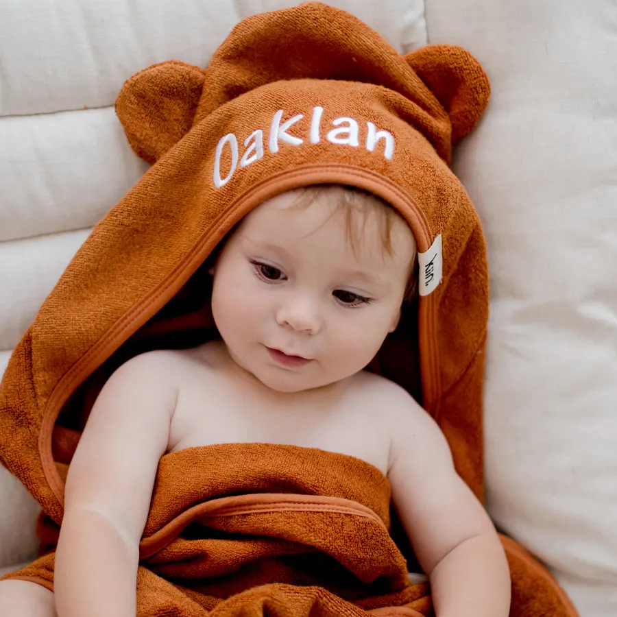 Tan Brown Personalised Kiin Baby Hooded Bath Towels