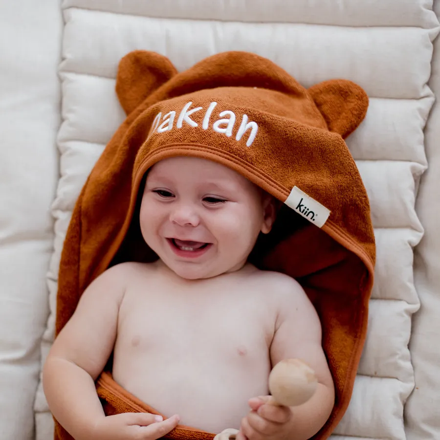 Tan Brown Personalised Kiin Baby Hooded Bath Towels