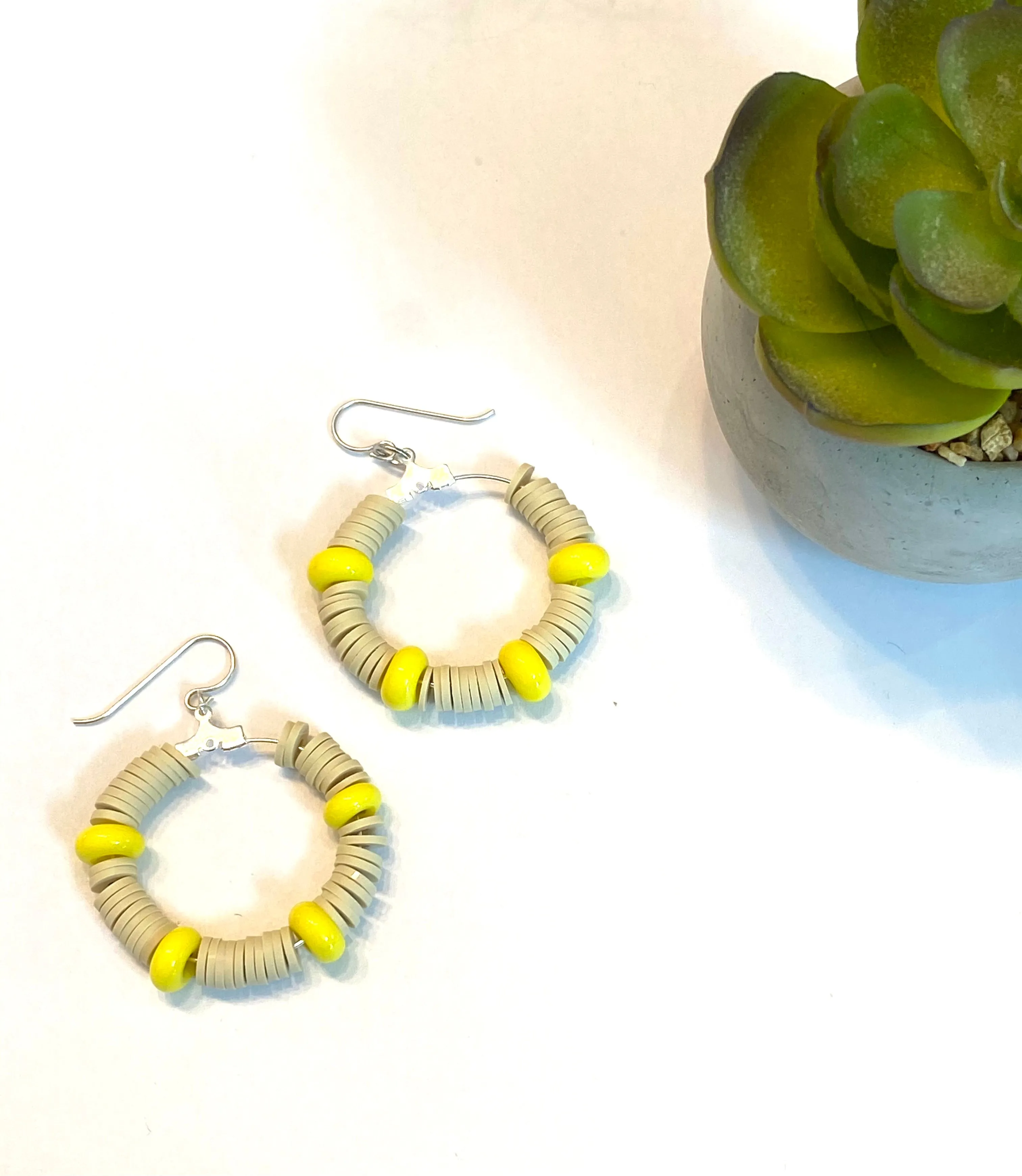 Tan Heishi and Yellow Glass Beaded Hoop Earrings