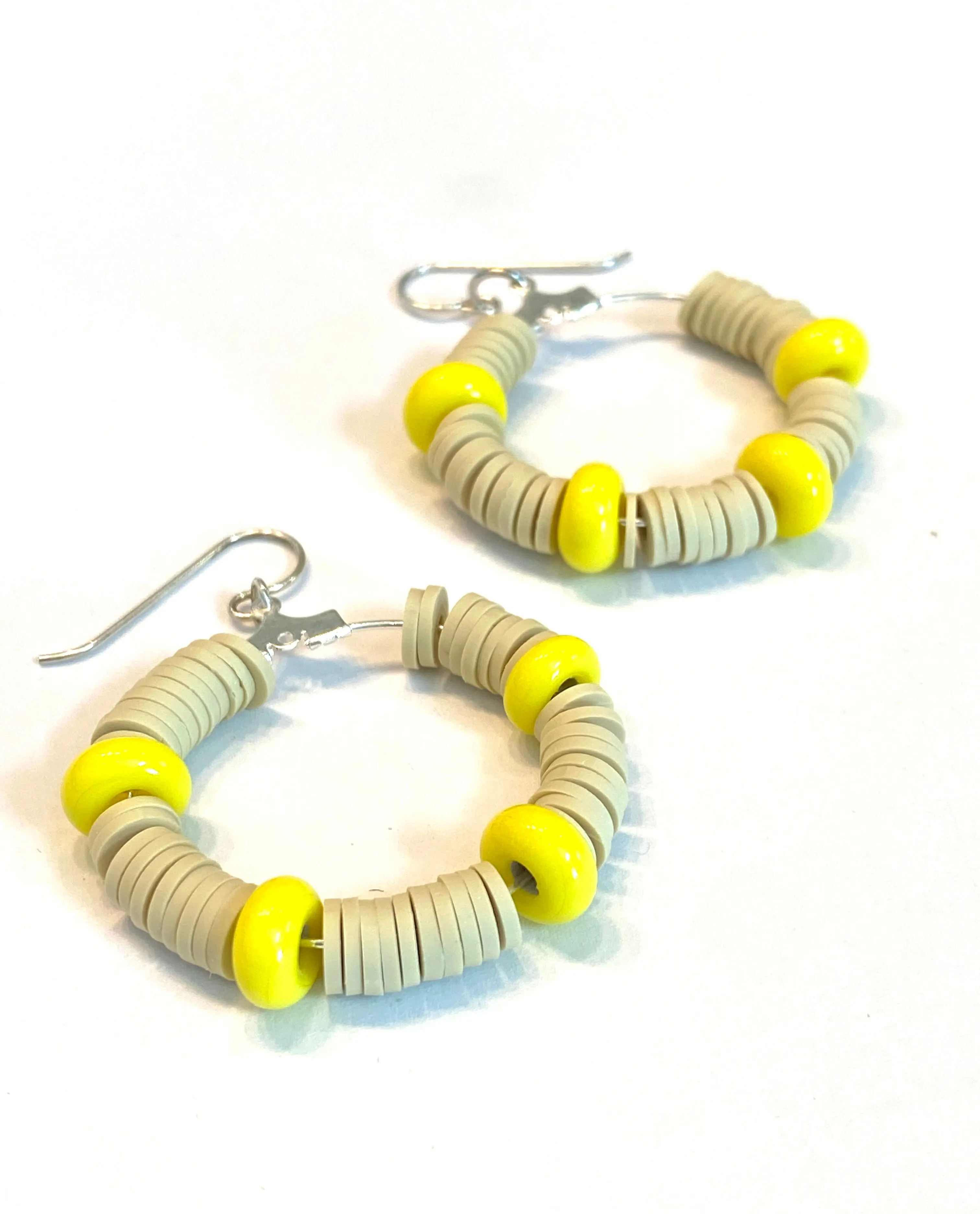 Tan Heishi and Yellow Glass Beaded Hoop Earrings