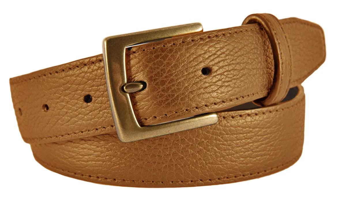 Tan Pebbled Leather Belt, Signature Buckle (Antique Brass)