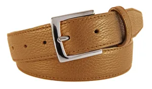 Tan Pebbled Leather Belt, Signature Buckle (Shiny Silver)