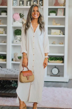 Tan Striped Button Down Dress