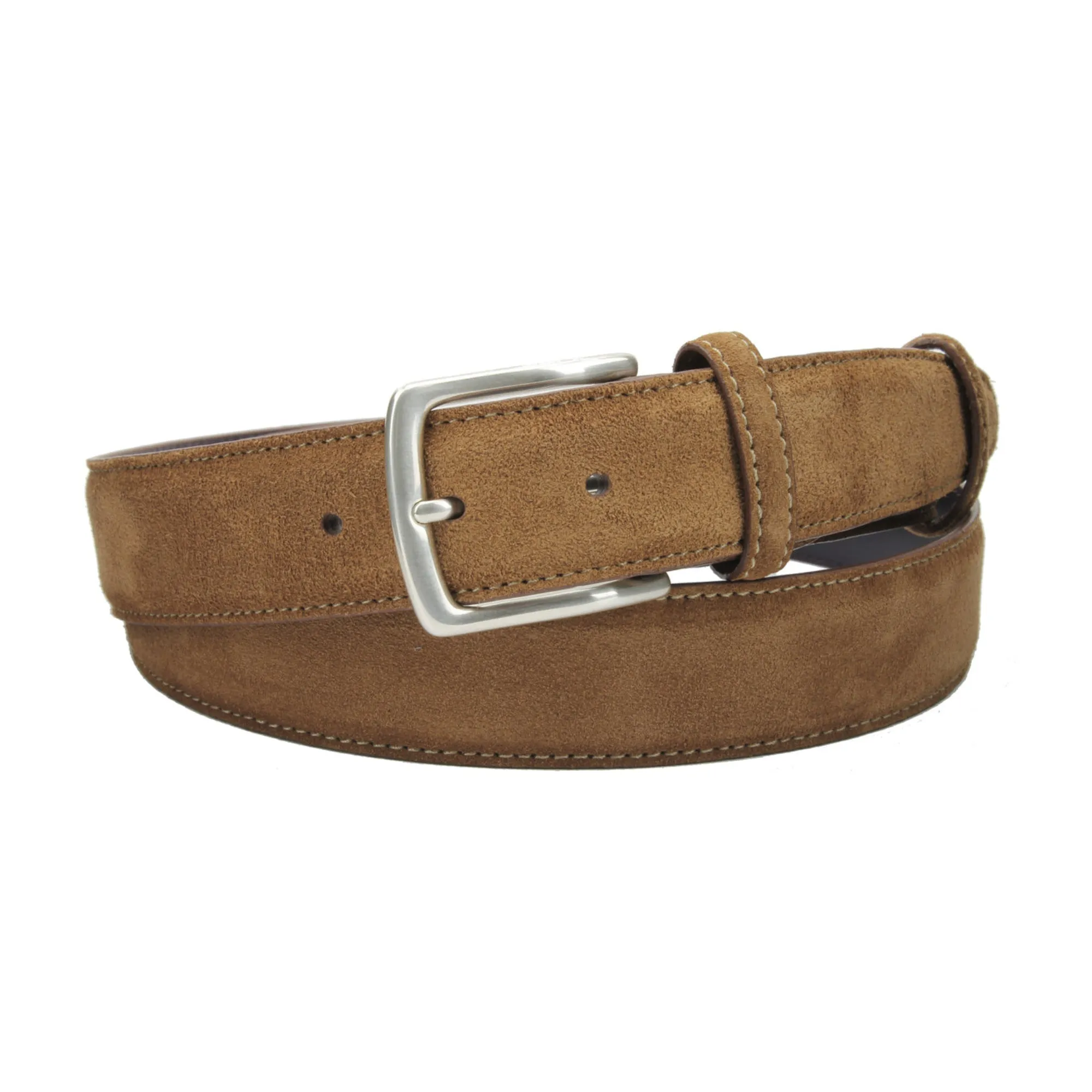 Tan suede belt with classic silver buckle