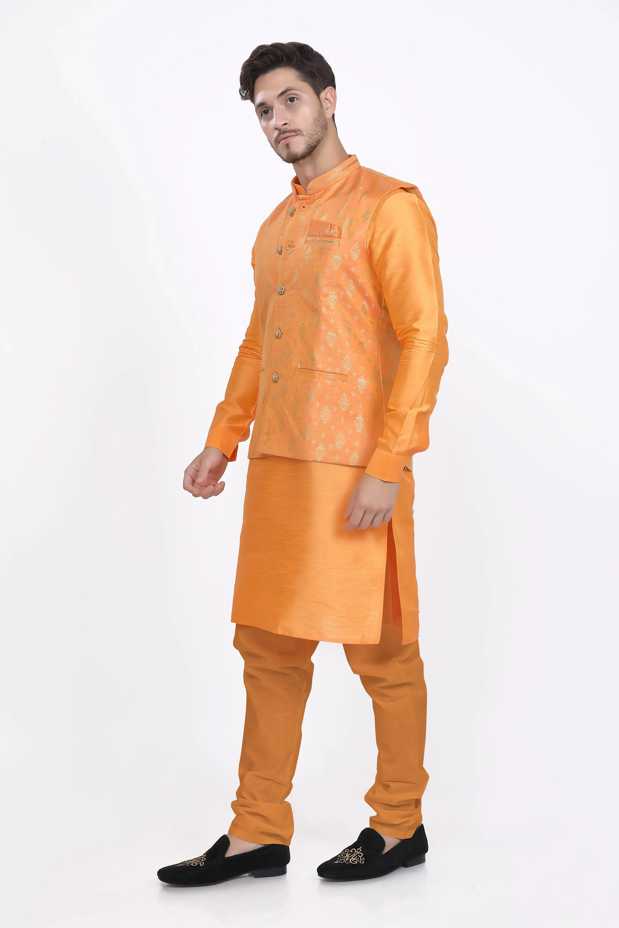 Tangerine menswear kurta pyjama and waistcoat