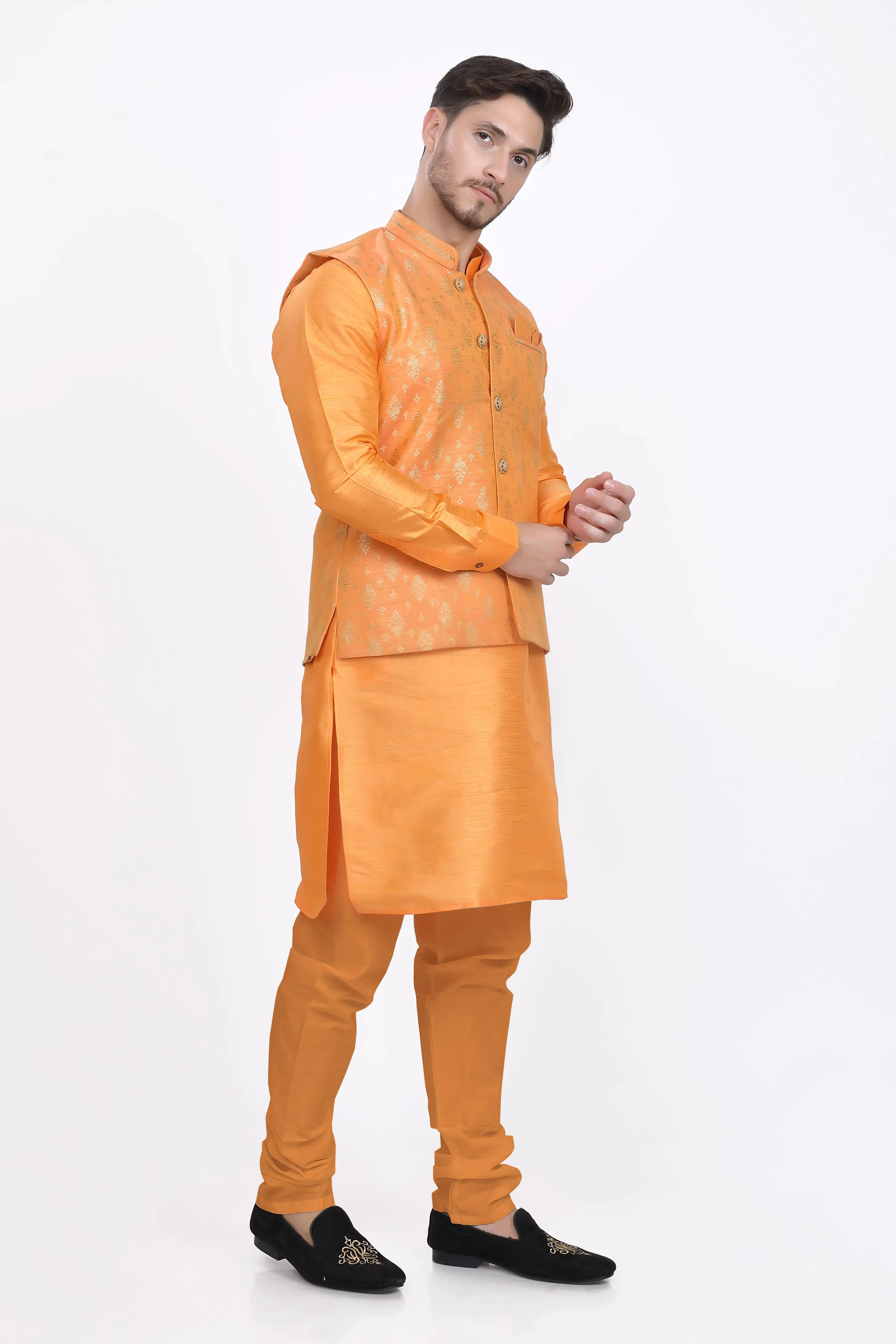 Tangerine menswear kurta pyjama and waistcoat