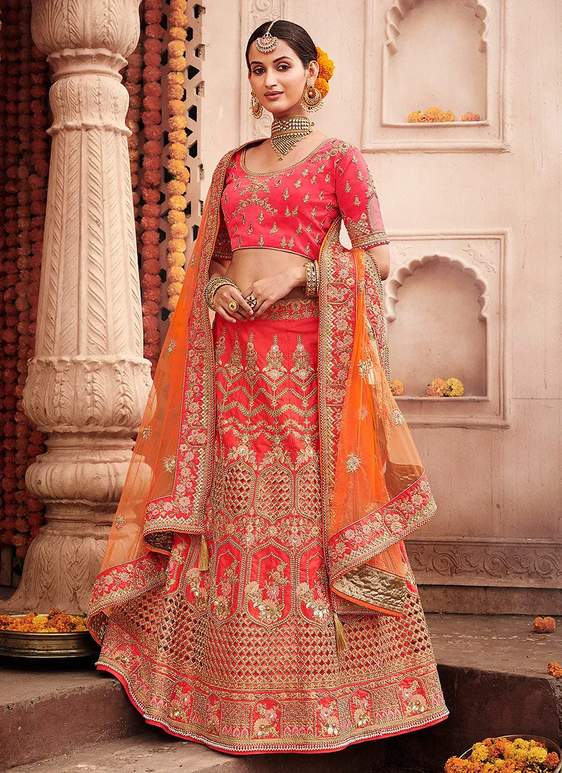 Tangerine Orange Zari Embroidered Wedding Lehenga Choli