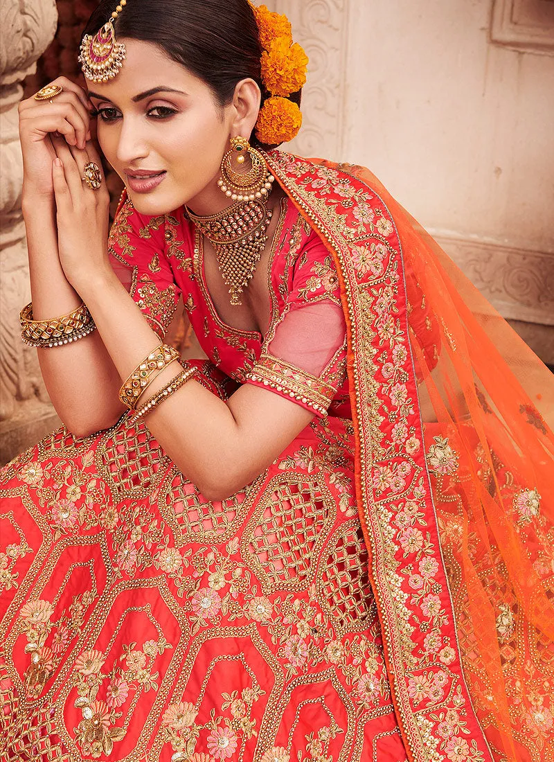 Tangerine Orange Zari Embroidered Wedding Lehenga Choli