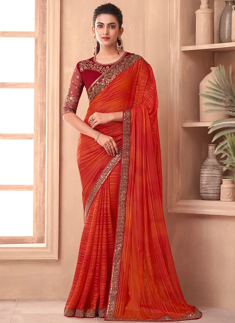 Tangerine Sequence Embroidery Traditional Wedding Saree