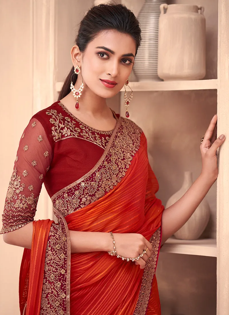 Tangerine Sequence Embroidery Traditional Wedding Saree