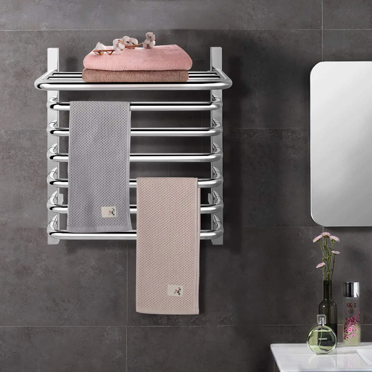 Tangkula Towel Warmer with Top Shelf, 10 Bars Wall Mounted Electric Heated Towel Rail for Bathroom