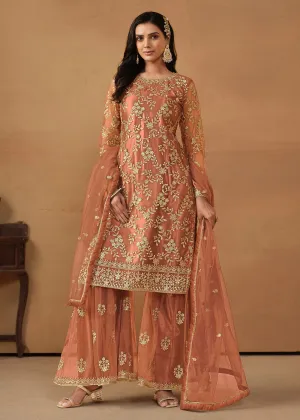 Tangy Brown Net Embroidered Wedding Festive Gharara Suit