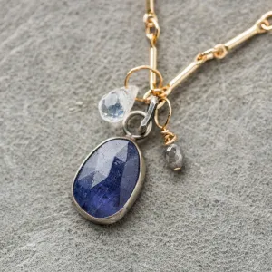 Tanzanite Necklace with Moonstone and Gray Diamond on Bar Chain