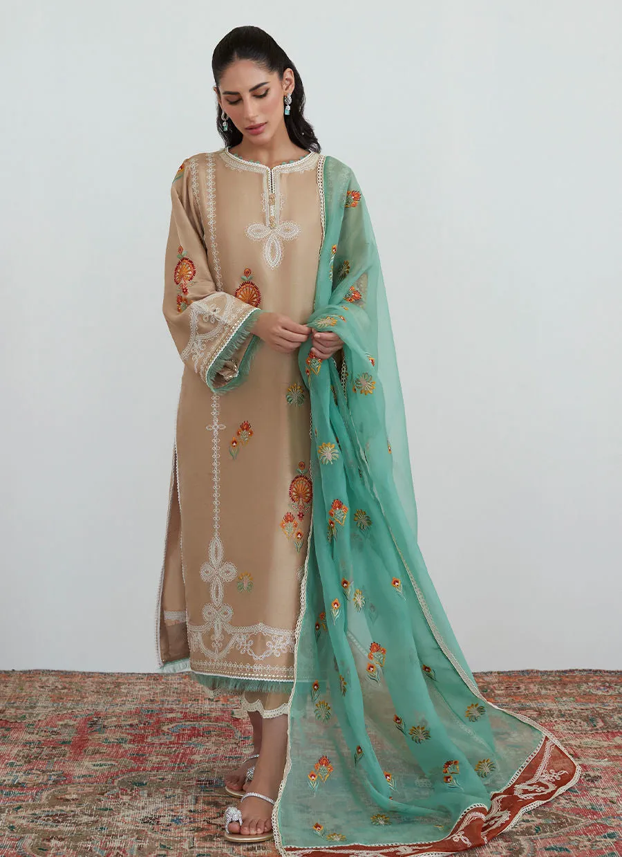 Tara Collection 23 - Latte Embroidered Shirt With Organza Dupatta