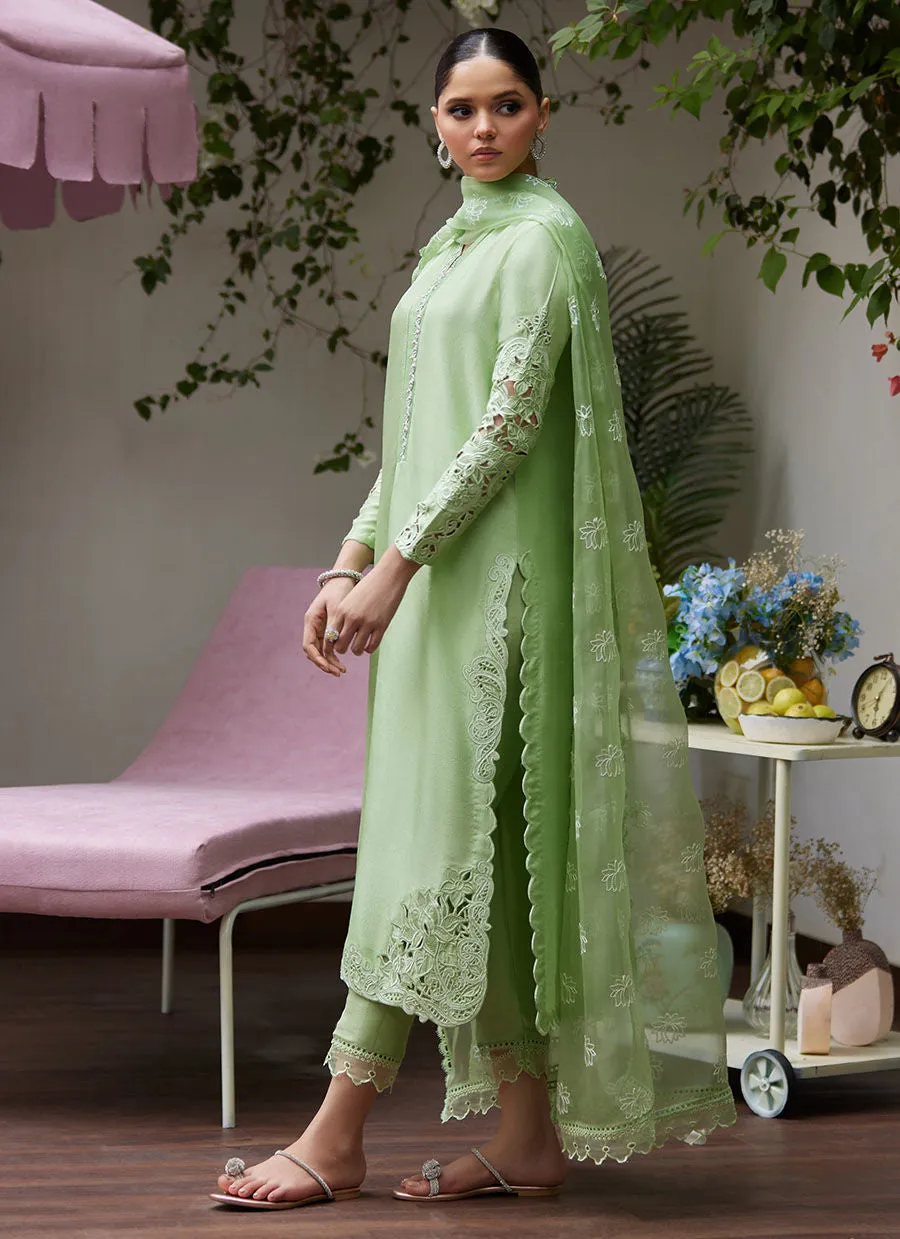 Tara Luxe Edit '24 - Katya Apple Green Cutwork Raw Silk Shirt With Organza Dupatta