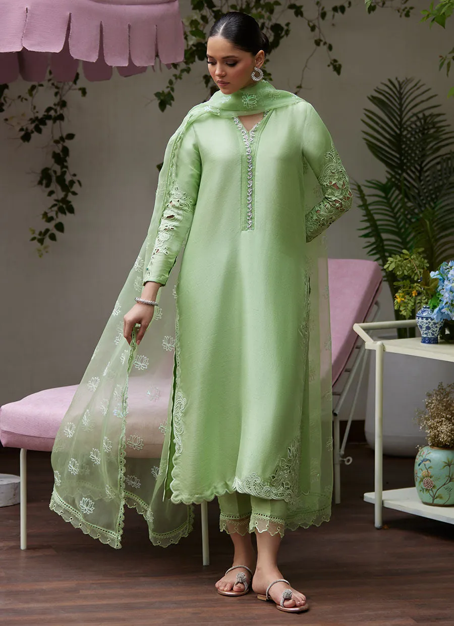 Tara Luxe Edit '24 - Katya Apple Green Cutwork Raw Silk Shirt With Organza Dupatta