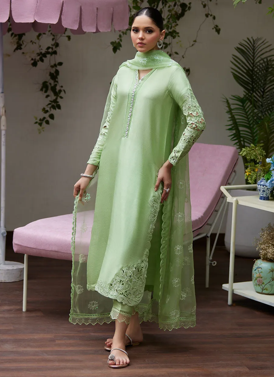 Tara Luxe Edit '24 - Katya Apple Green Cutwork Raw Silk Shirt With Organza Dupatta