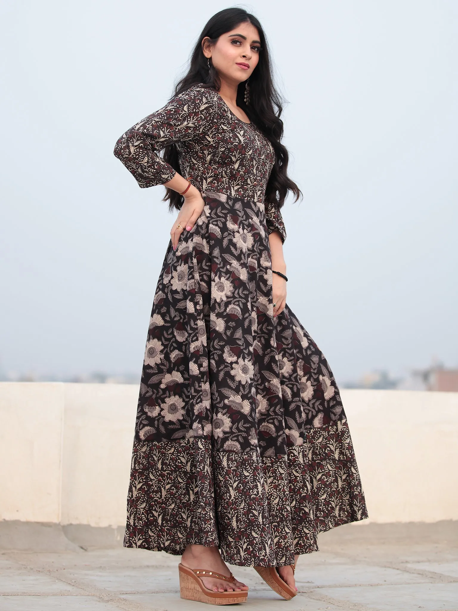 Tareen - Black Beige Brown Hand Block Printed Cotton Long Dress D150F2131