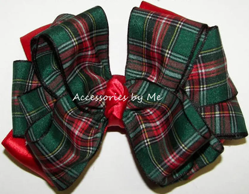 Tartan Green Plaid Red Satin Hair Bow