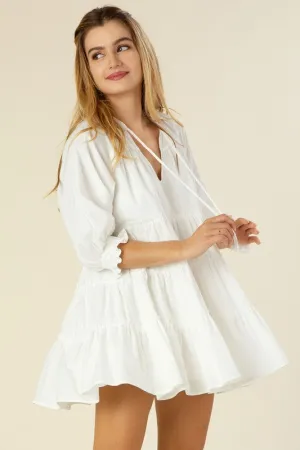 Tassel Front Tie Bubble Sleeve Tiered Mini Dress