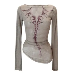 Tattoo Tail Thin Beige Long Sleeve Indie Top