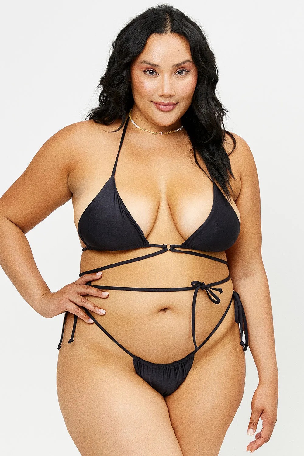 Tatum Satin Triangle Bikini Top - Black