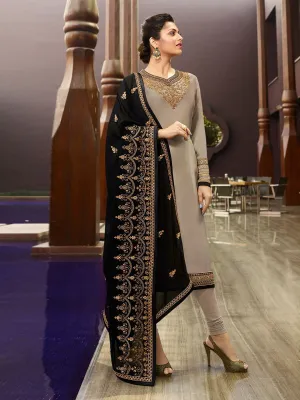 Taupe And Black Traditional Embroidered Churidar Suit